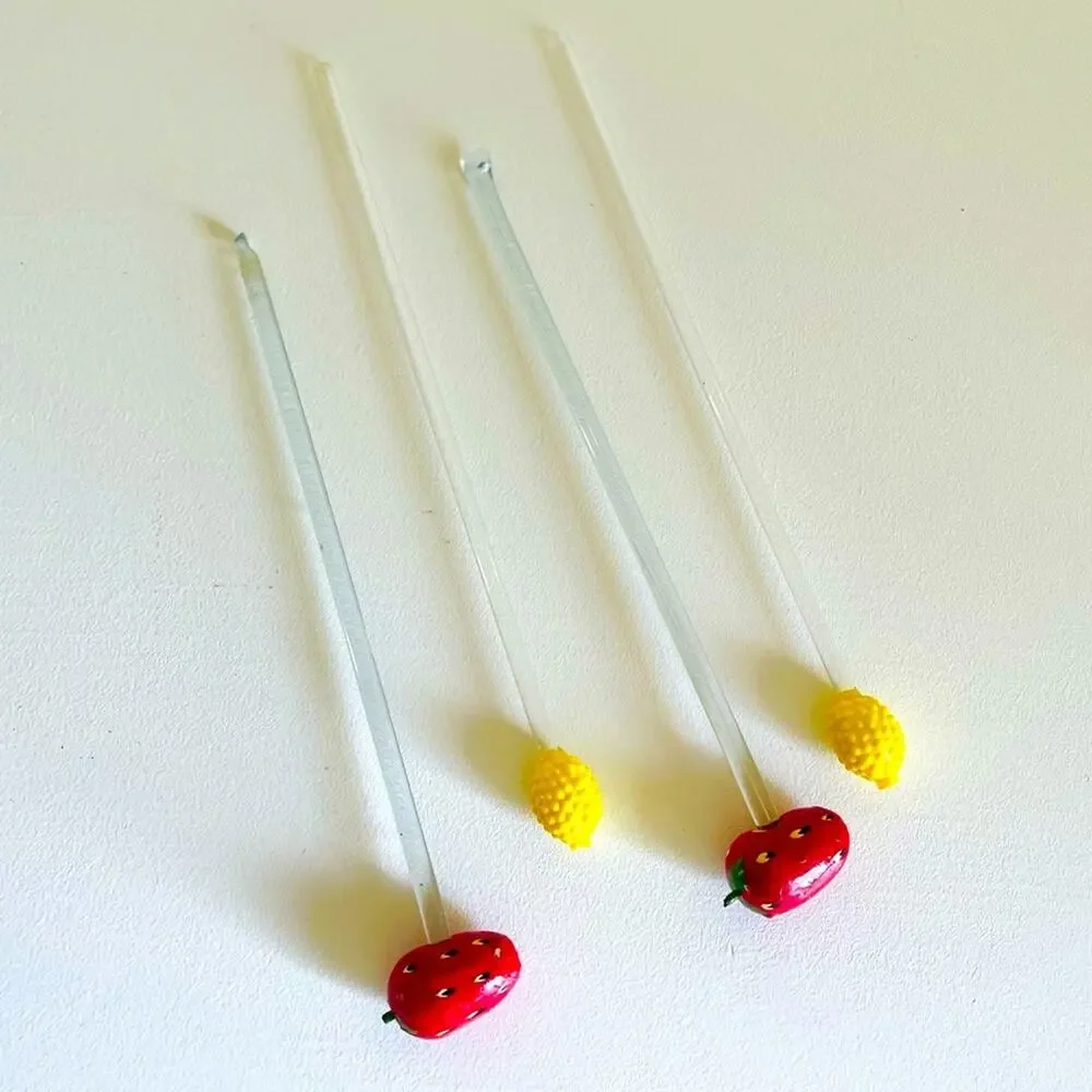 Vtg Glass Swizzle Sticks Paper Mache Strawberry Pineapple Stirrers Blown Glass